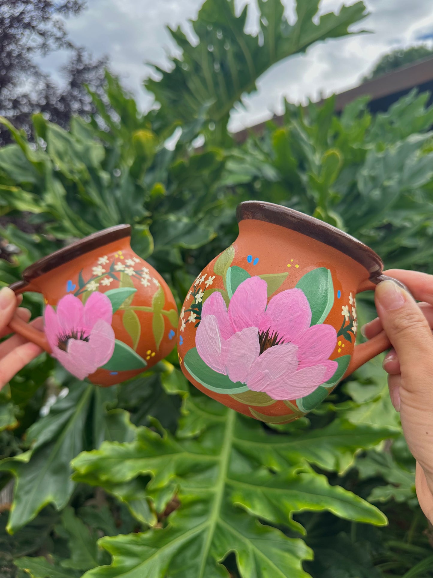 14 fluid oz Handpainted Mexican clay mugs
