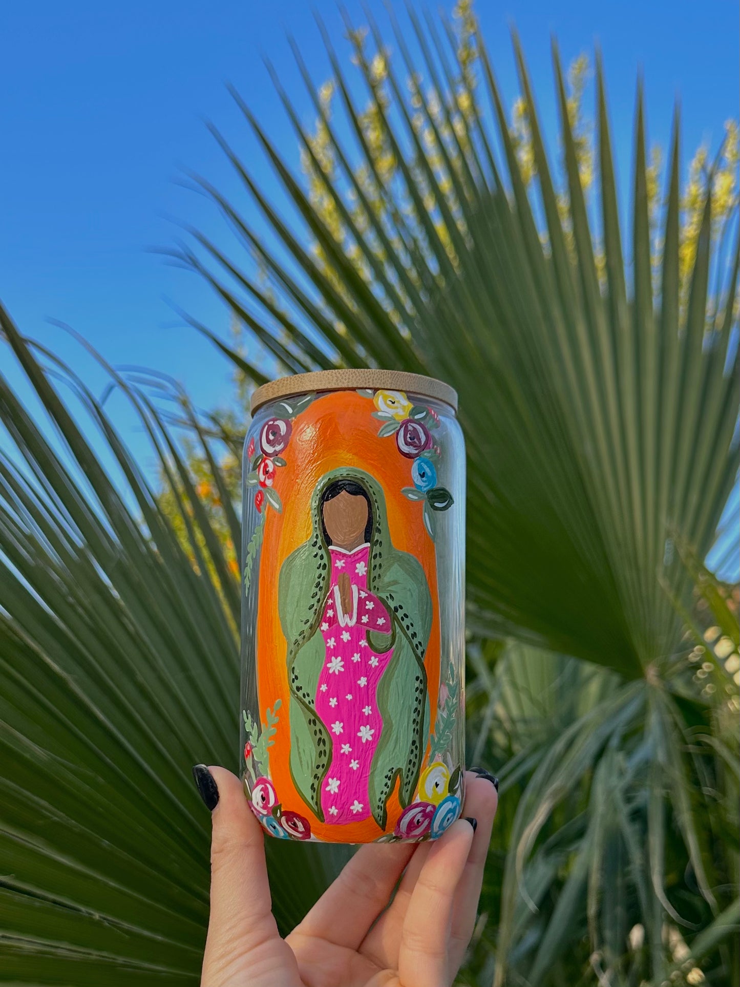 Our lady of Guadalupe cups green & pink
